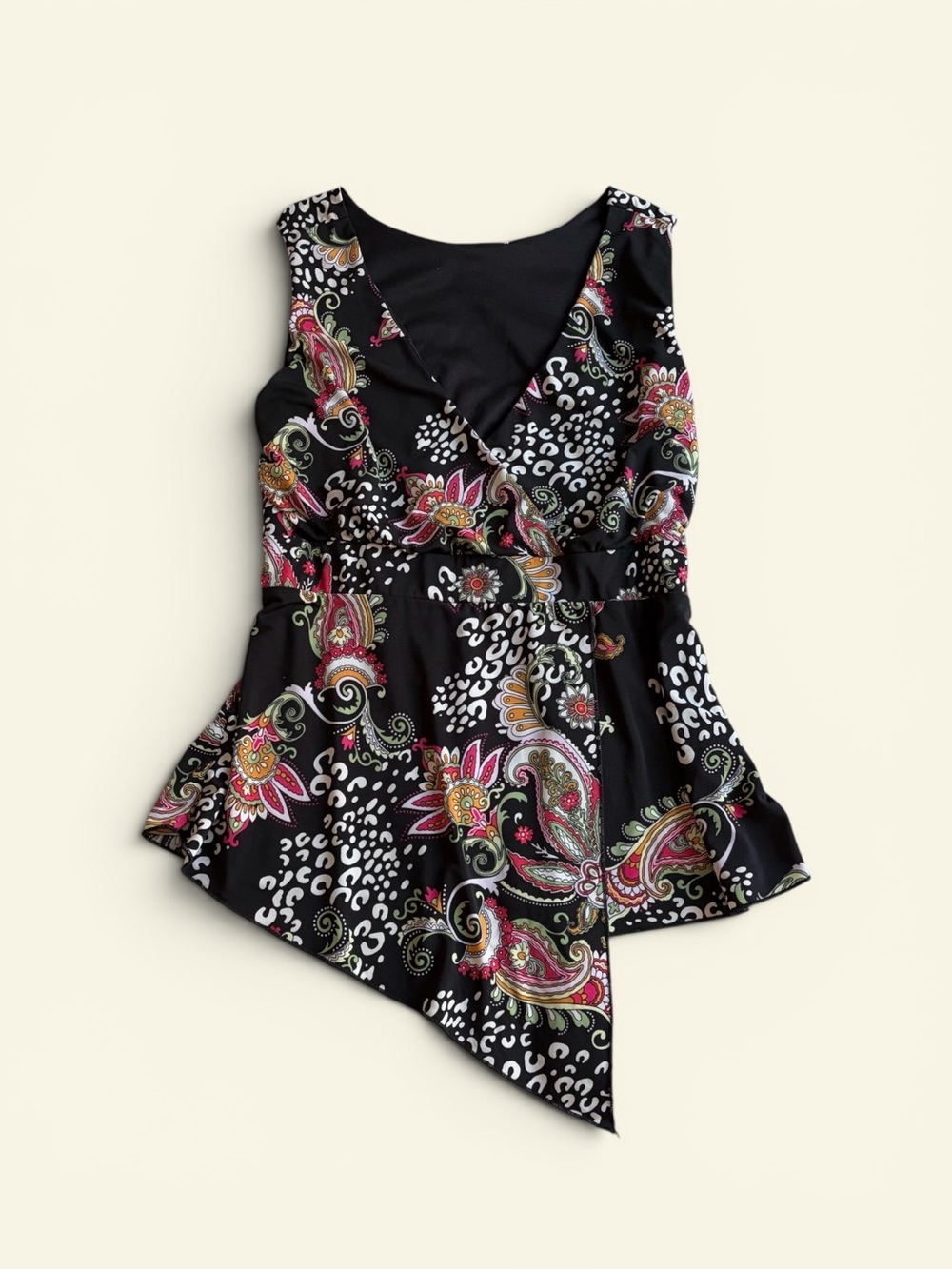 Dressbarn Vintage Y2K Paisley Leopard Print Asymmetrical Handkerchief Top Size L